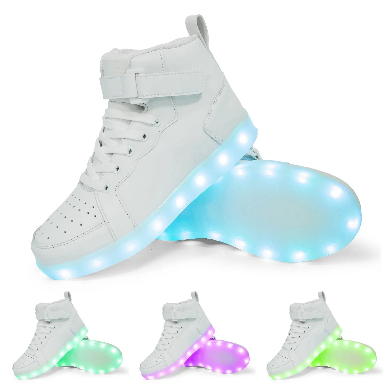 A pair of black high-top LED sneakers with Velcro straps and lights glowing in the rubber sole.