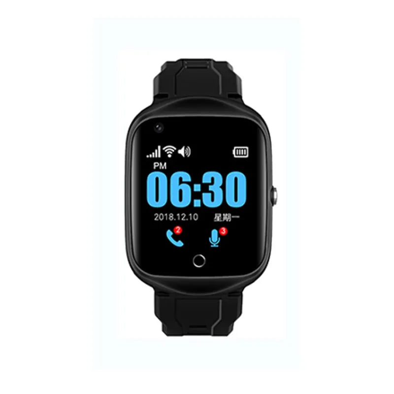 Black intelligent positioning phone watch for the elderly with a square screen and silicone strap on a wrist.
