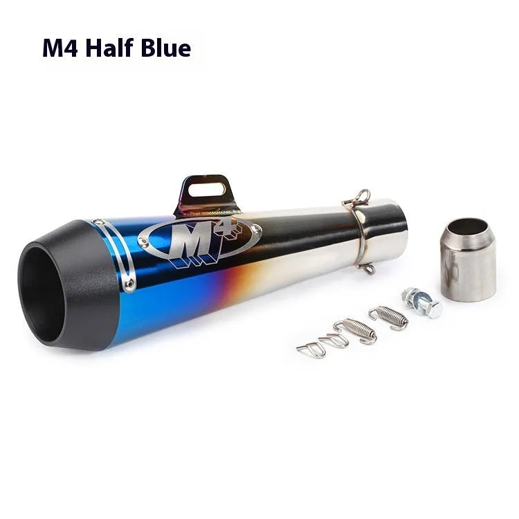 M4 universal motorcycle exhaust pipe in black finish, showing mounting hardware for large displacement bikes.