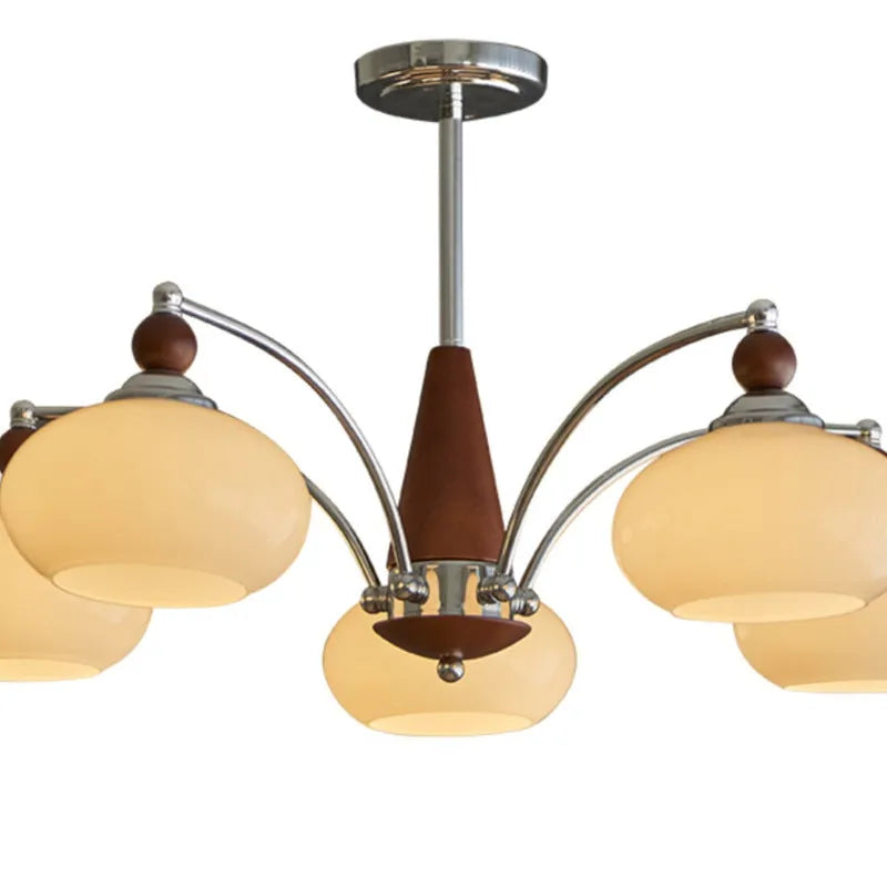 Persimmon glass and chrome chandelier with multiple glass lampshades in a choice of colours.