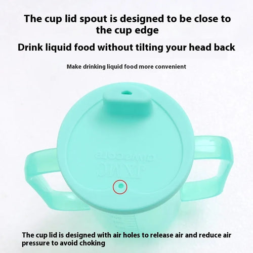 Oblique mouth choke-proof plastic drinking cup with handle and lid for elderly and pregnant adults.