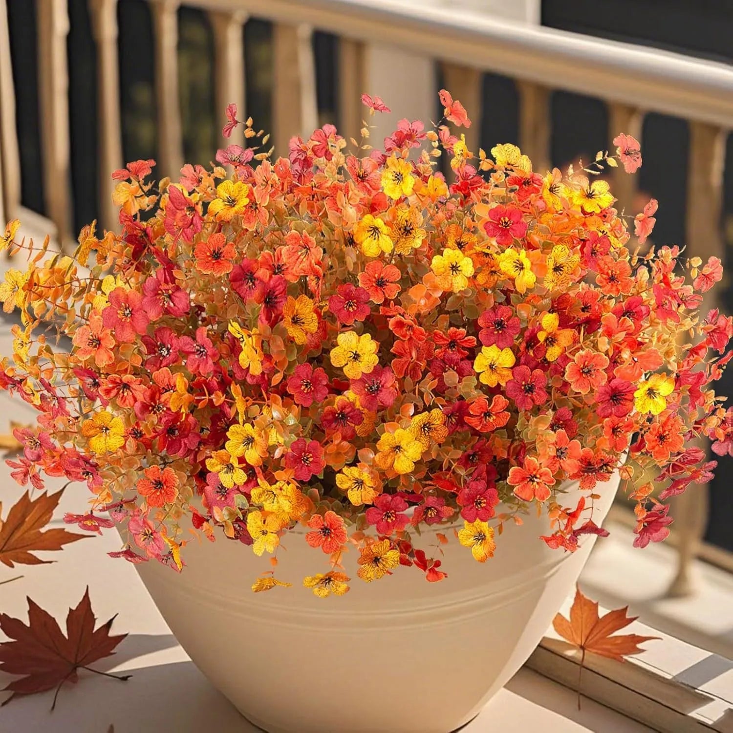 Plastic artificial flower bouquet with silk details in autumn orange, orange yellow, red or yellow for home and wedding decoration