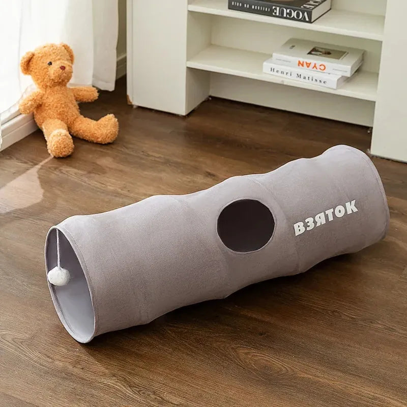 Collapsible cat tunnel with plush ball toy in brown or grey colour options