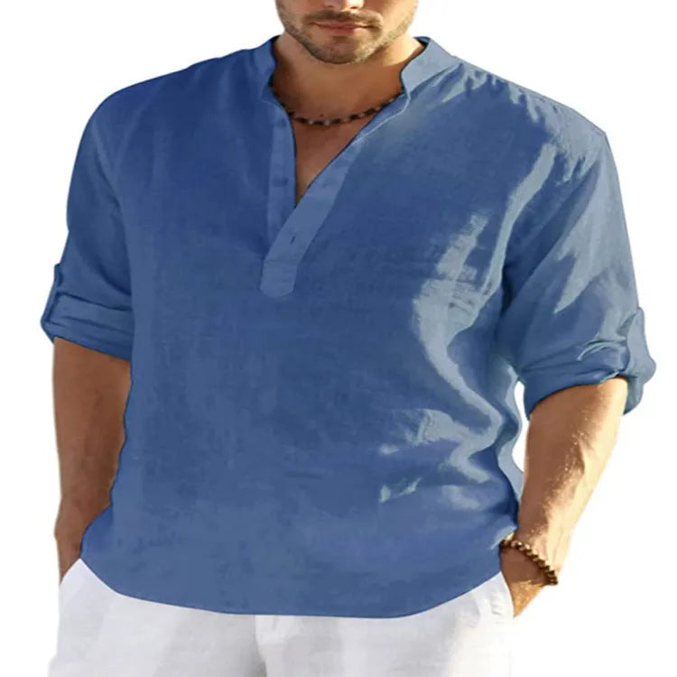 Men's cotton linen long sleeve shirt with stand collar, button-down front, and solid colour in beige, black, grey, khaki, light blue, navy blue, pink, or white