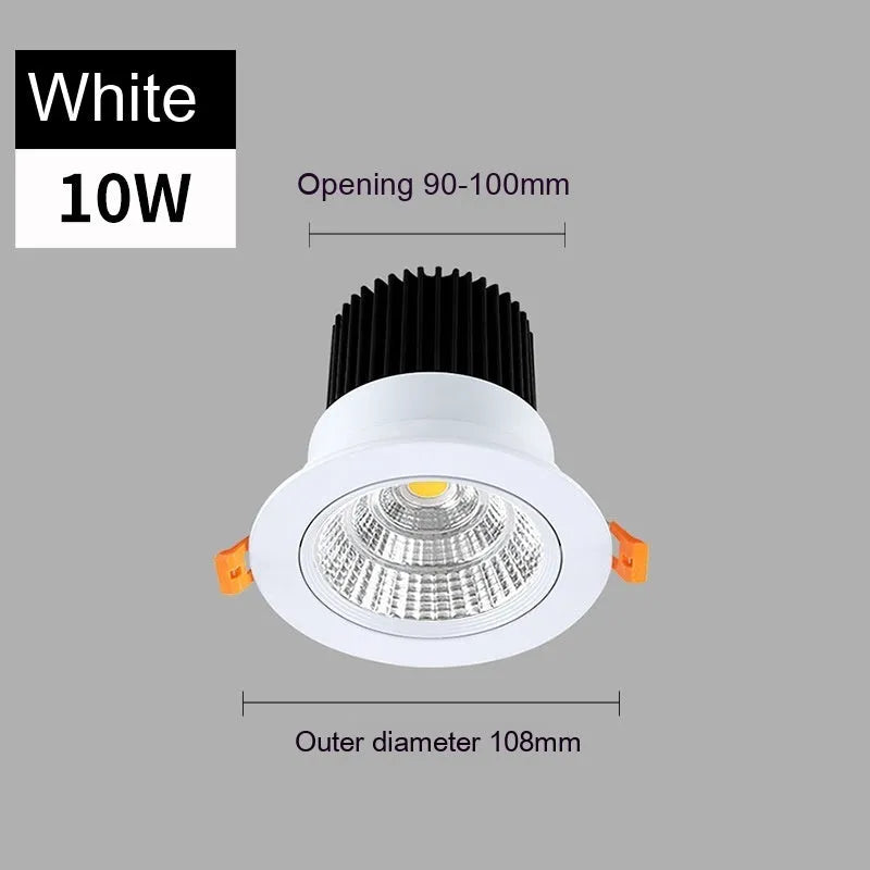 LED embedded ceiling spotlight with aluminium housing showing three colour temperature options and hole size measurements