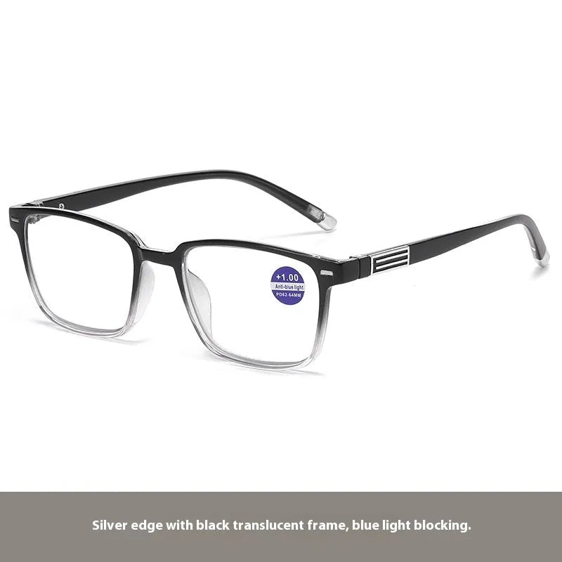 Multifocal anti-blue light reading glasses with colour-changing lenses in a black and silver frame style.