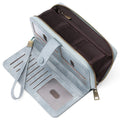 Light brown expanding card holder wallet for women showing multiple card slots and anti-theft swiping feature.