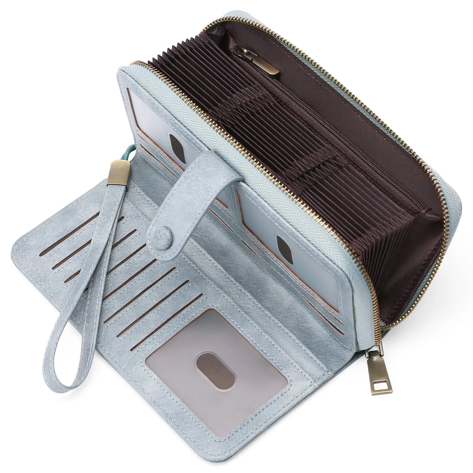 Light brown expanding card holder wallet for women showing multiple card slots and anti-theft swiping feature.