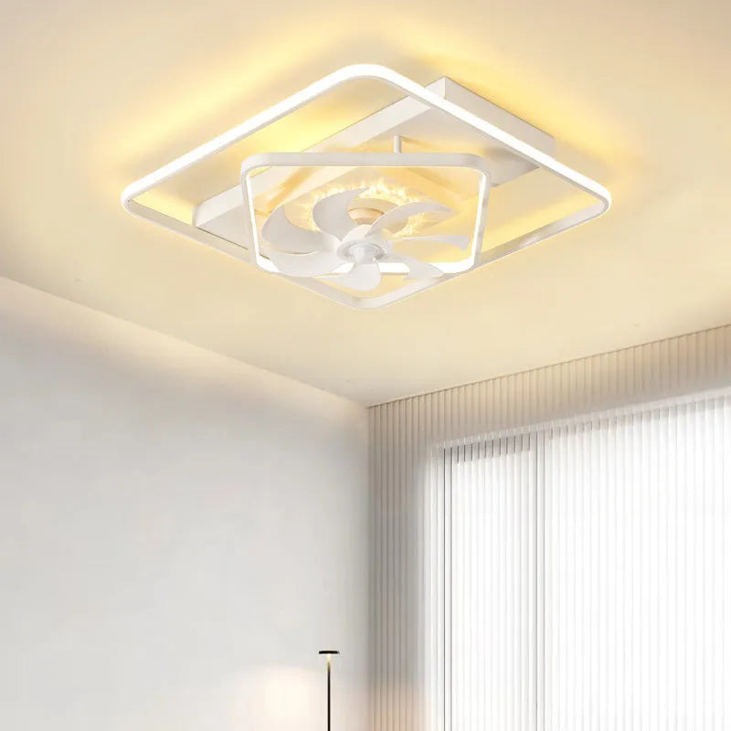 Modern thin suction ceiling fan light with plastic blades and an acrylic lampshade, shown installed.