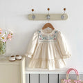 Girls' ruffled long sleeve flower embroidered princess dress in apricot colour on a child model