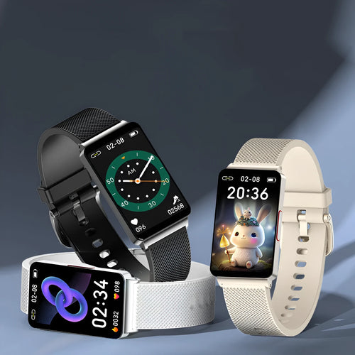 Black Blood Glucose EP08 smart fitness tracker bracelet on a wrist, showing its touch screen.
