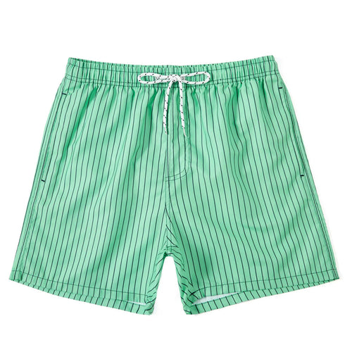 Striped polyester fibre beach shorts with triangle lining in navy blue, straight leg design