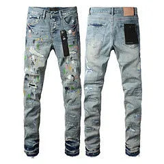 Black men's slim fit skinny jeans with a straight leg and button-fly cardigan opening.