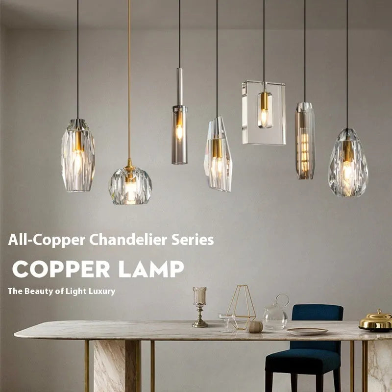 Copper crystal pendant light, 11cm diameter, 25cm height, E14 warm light, 220V Nordic chandelier
