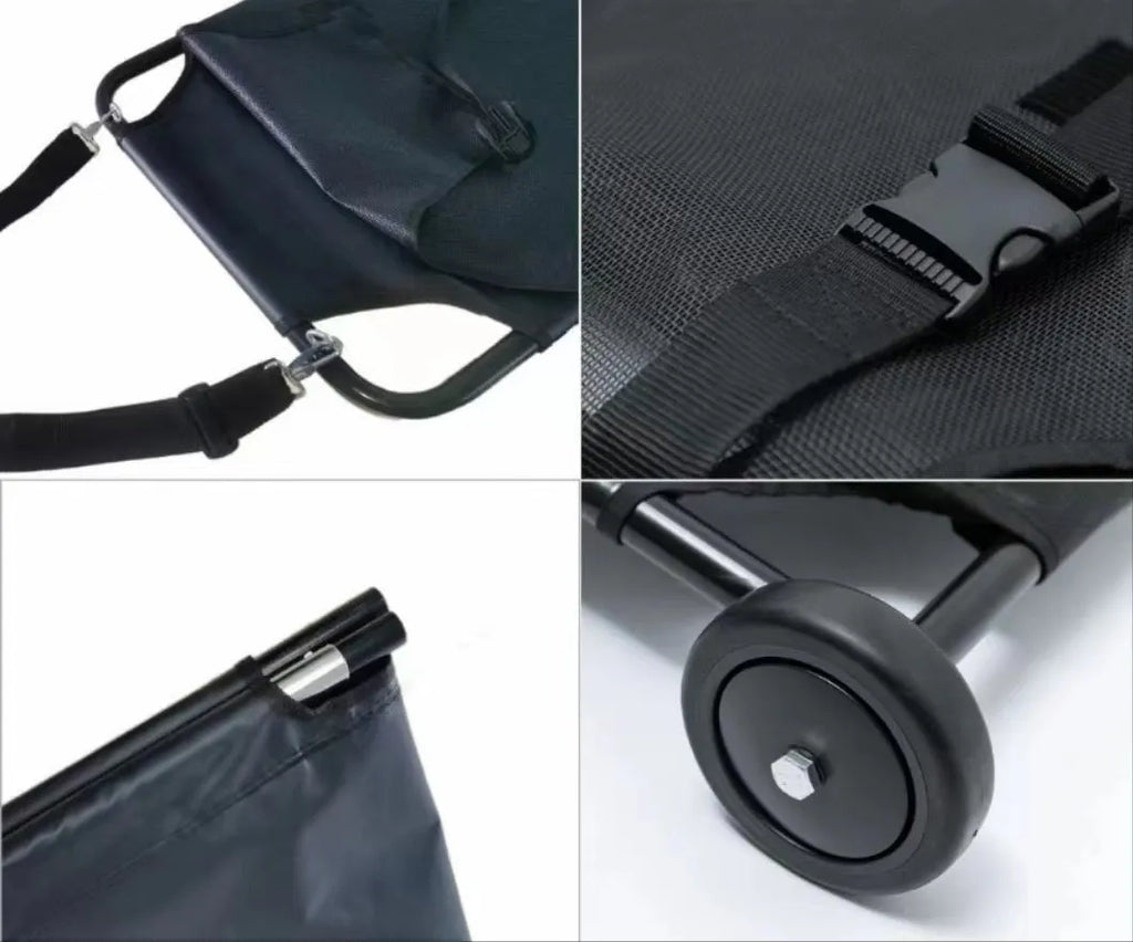 Black aluminium alloy foldable pet stretcher for large dog emergency rescue and transfer.