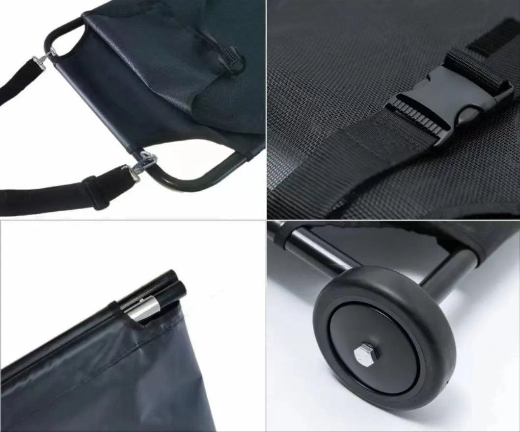 Black aluminium alloy foldable pet stretcher for large dog emergency rescue and transfer.