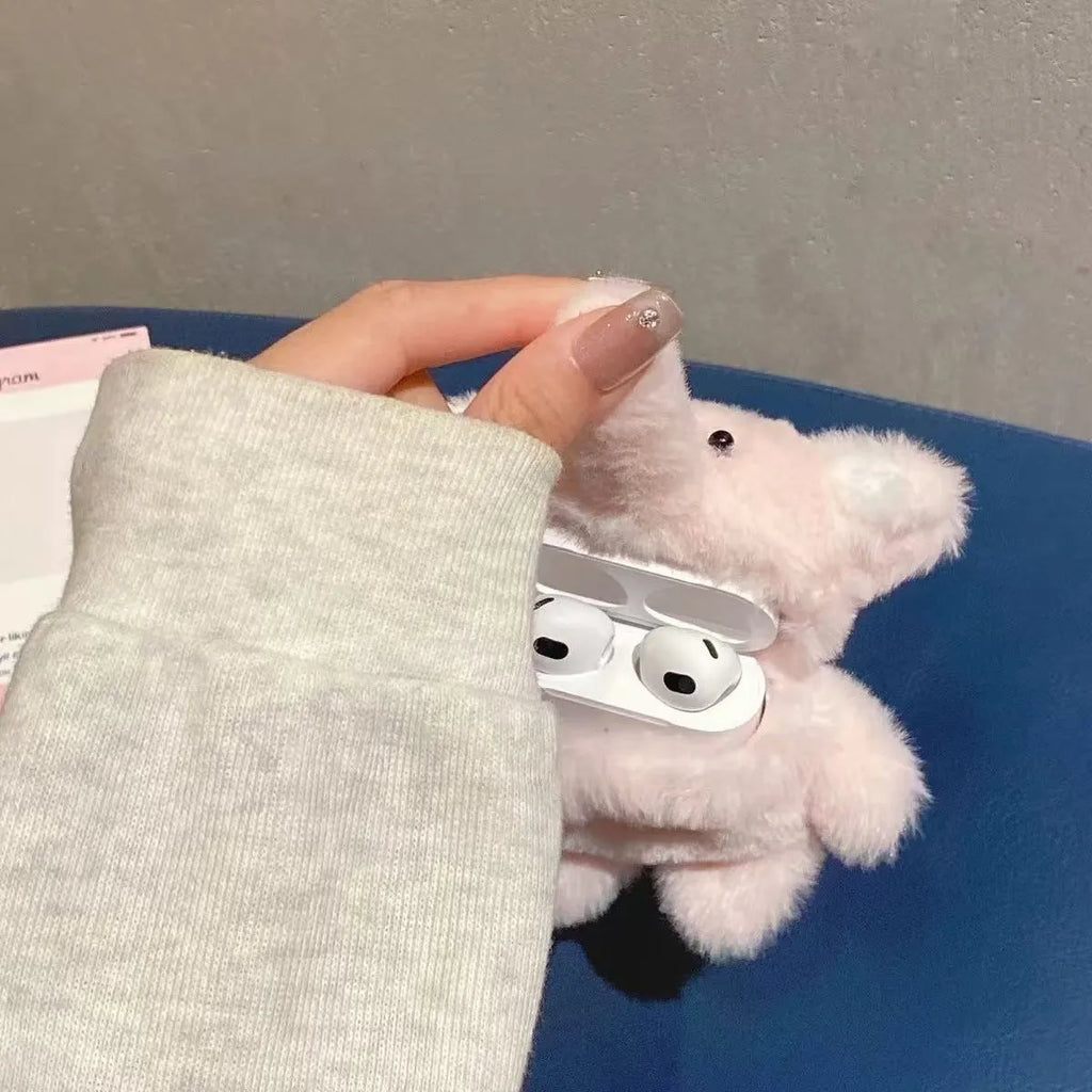 Pink plush baby elephant wireless Bluetooth earbuds case for AirPods, flannel fabric, cartoon style