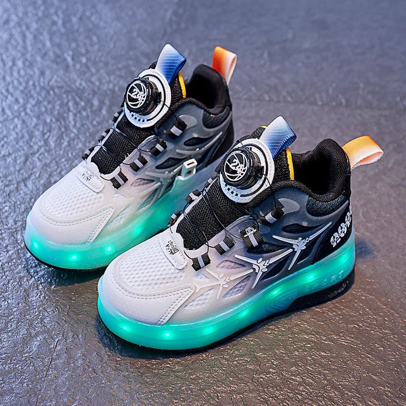 Children's striped roller skating shoes with flash knob adjustment in blue colour