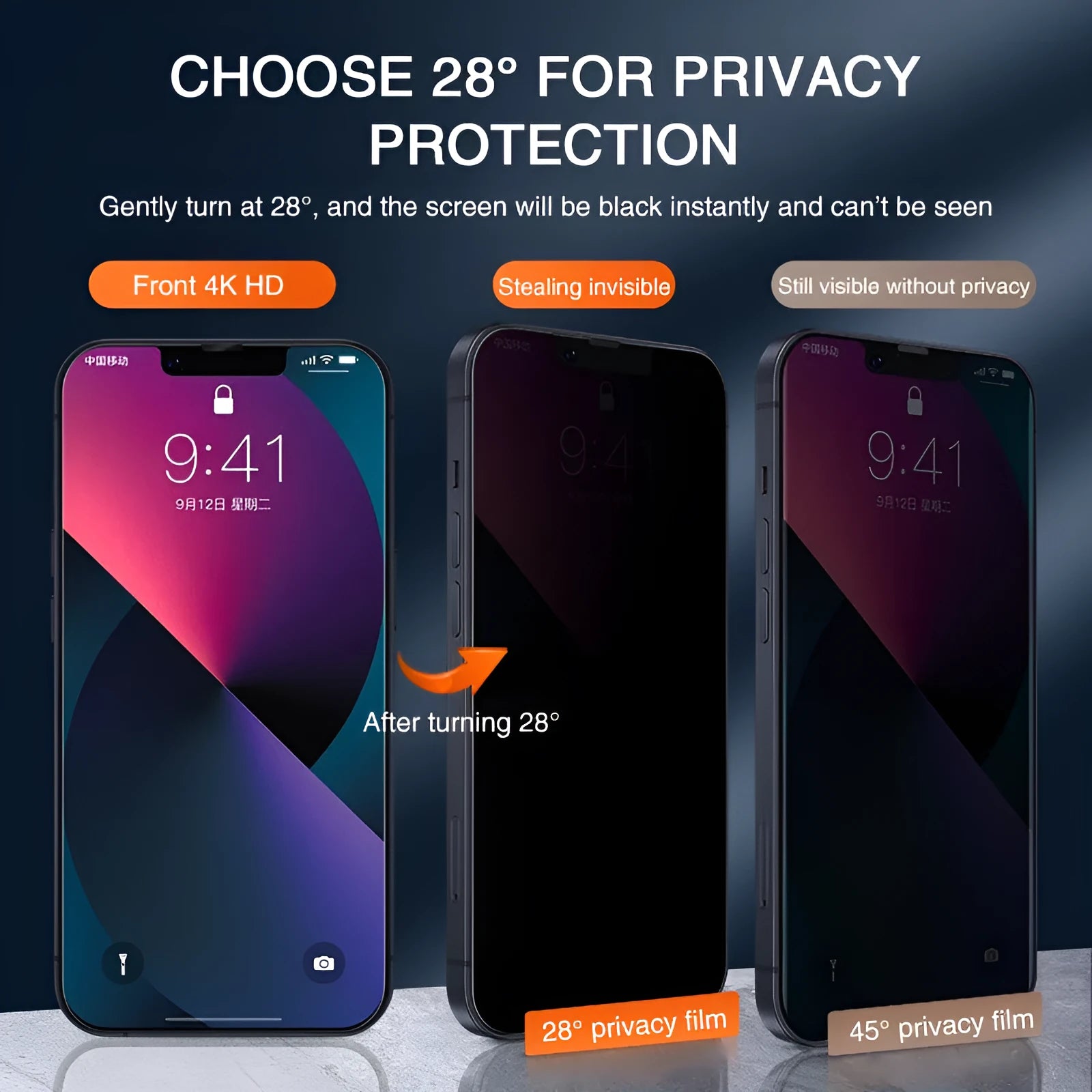 iPhone tempered glass screen protector with anti-peeping privacy feature on a mobile phone.