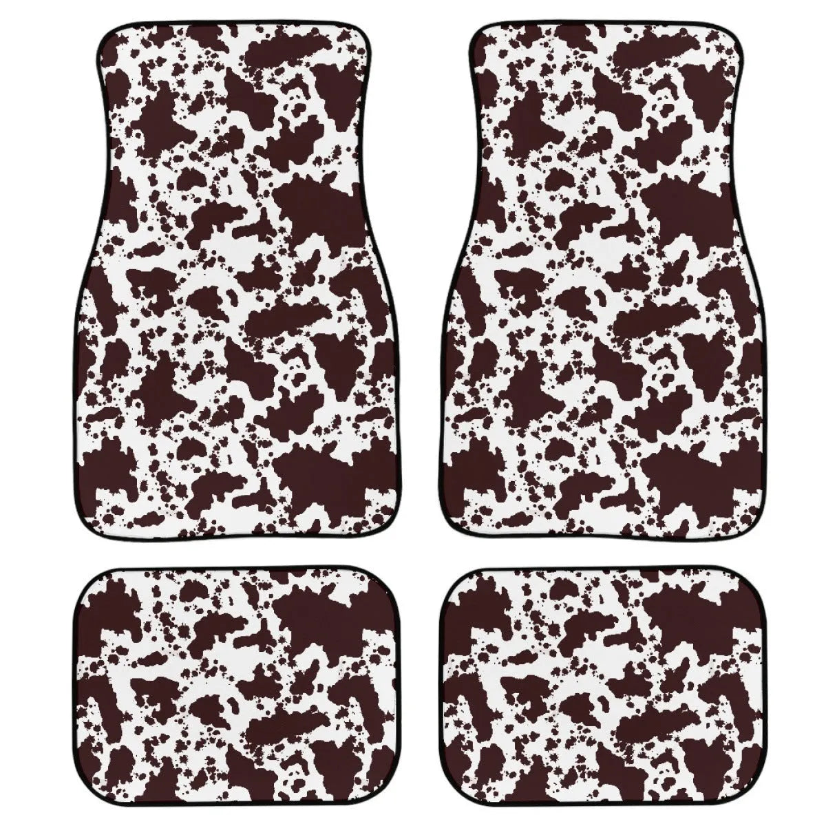 Set of four black rubber car floor mats with a textured surface and raised edges, shown in a vehicle footwell.
