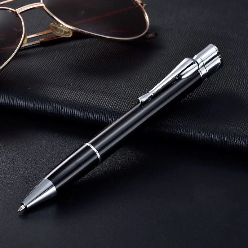 Slim metal windproof pen lighter with jet flame, shown with key chain in selectable colours.