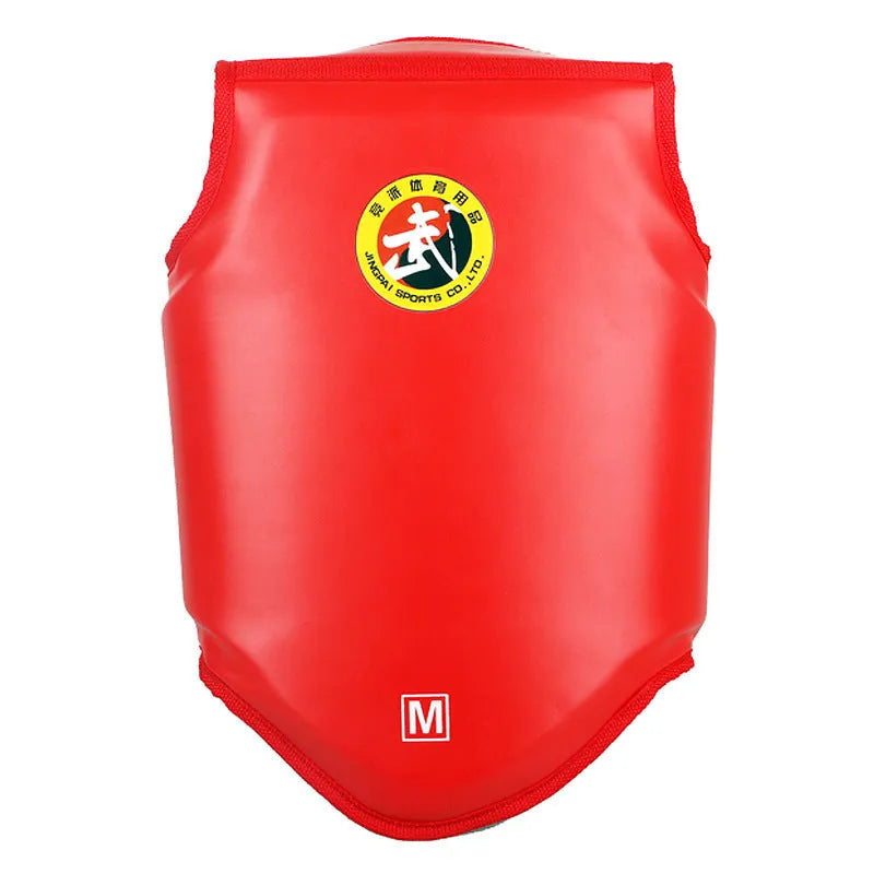 Red boxing helmet and matching chest protector set for fighting training