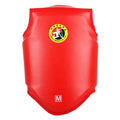 Red boxing helmet and matching chest protector set for fighting training