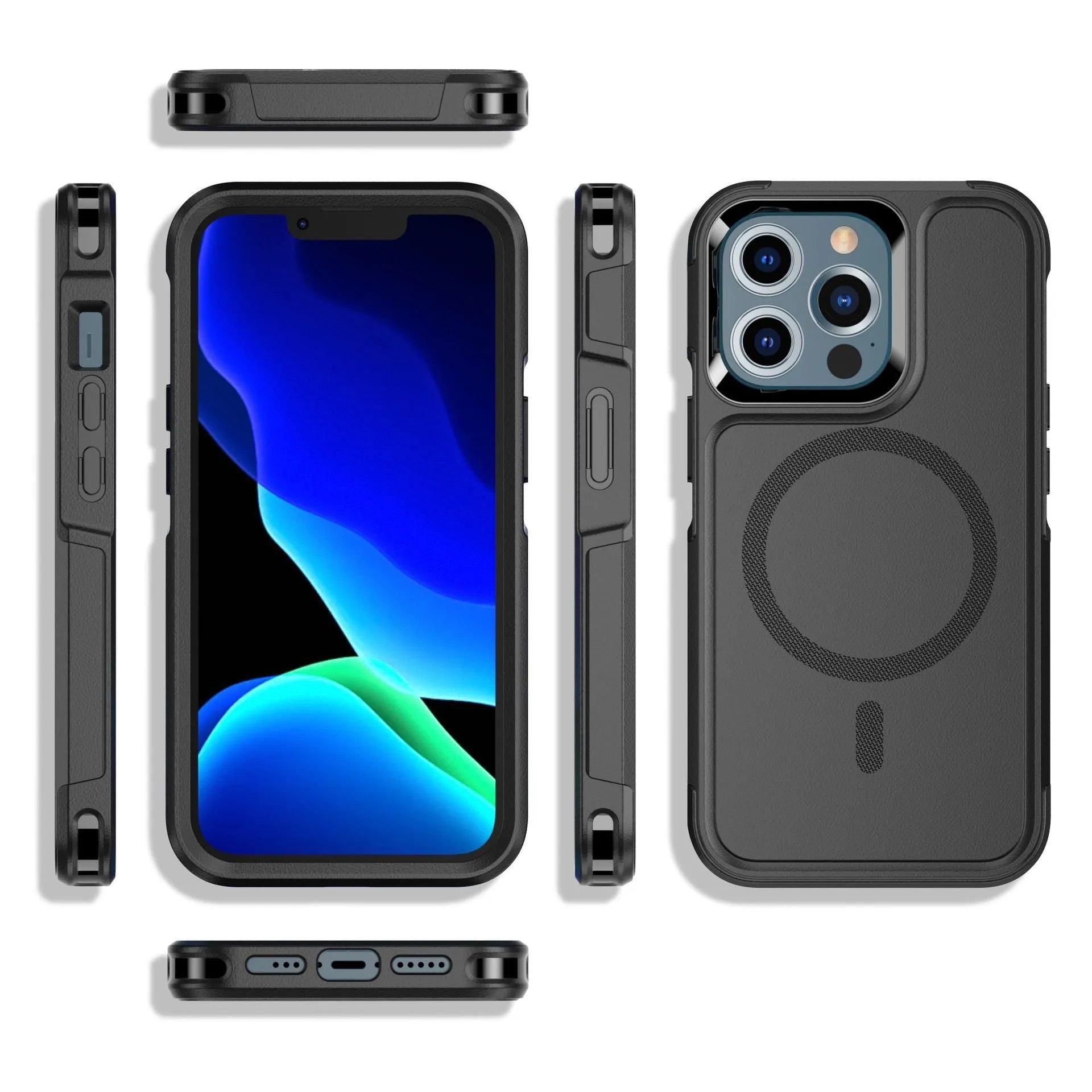Black shatterproof magnetic phone case for Apple iPhone 12 and 13 series models