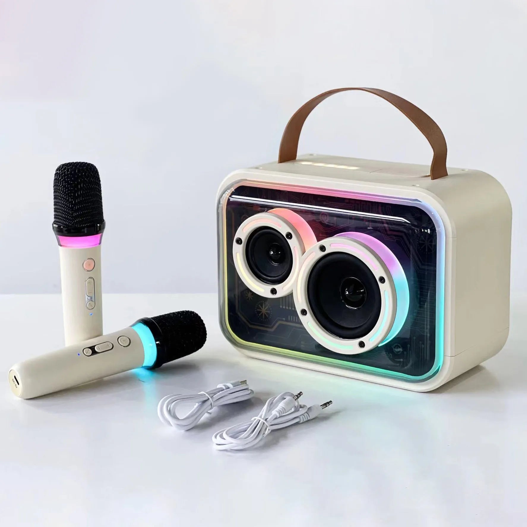 Light yellow portable Bluetooth speaker with RGB lighting and a wireless microphone on a table