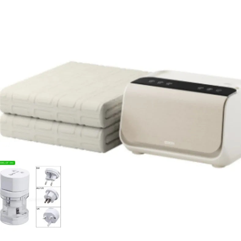 Aideng white electric water blanket with smart host unit shown on bed