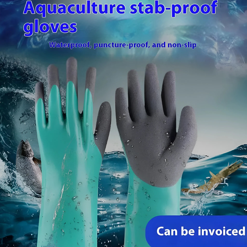 Navy blue women's nitrile gloves shown in short and lengthened sleeve versions for fishing and work.