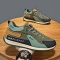 Men's green and grey low-top mesh running shoes with lace-up front and round toe.