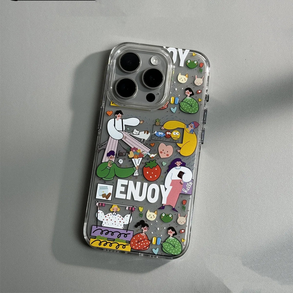 Cartoon transparent soft shell PC phone case for iPhone 15 Pro Max with graffiti print anti-drop protection