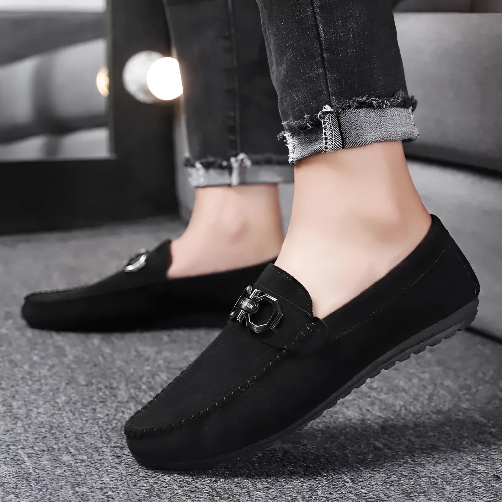 Men's black and grey casual shoes with suede upper and rubber sole for summer breathable wear