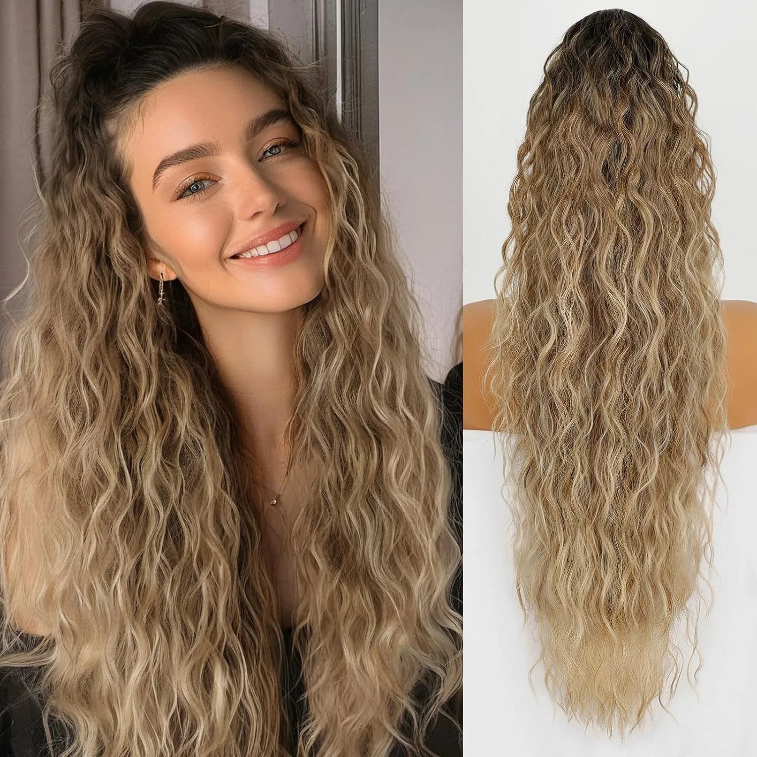Long 30-inch curly ponytail wig in high temperature fibre for costume and cosplay.