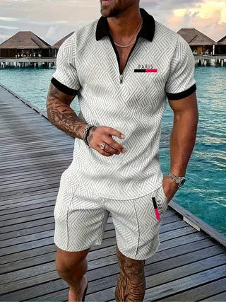 Men's casual retro plaid beach suit set with Paris heat transfer patch short sleeve T-shirt and shorts in multiple colours