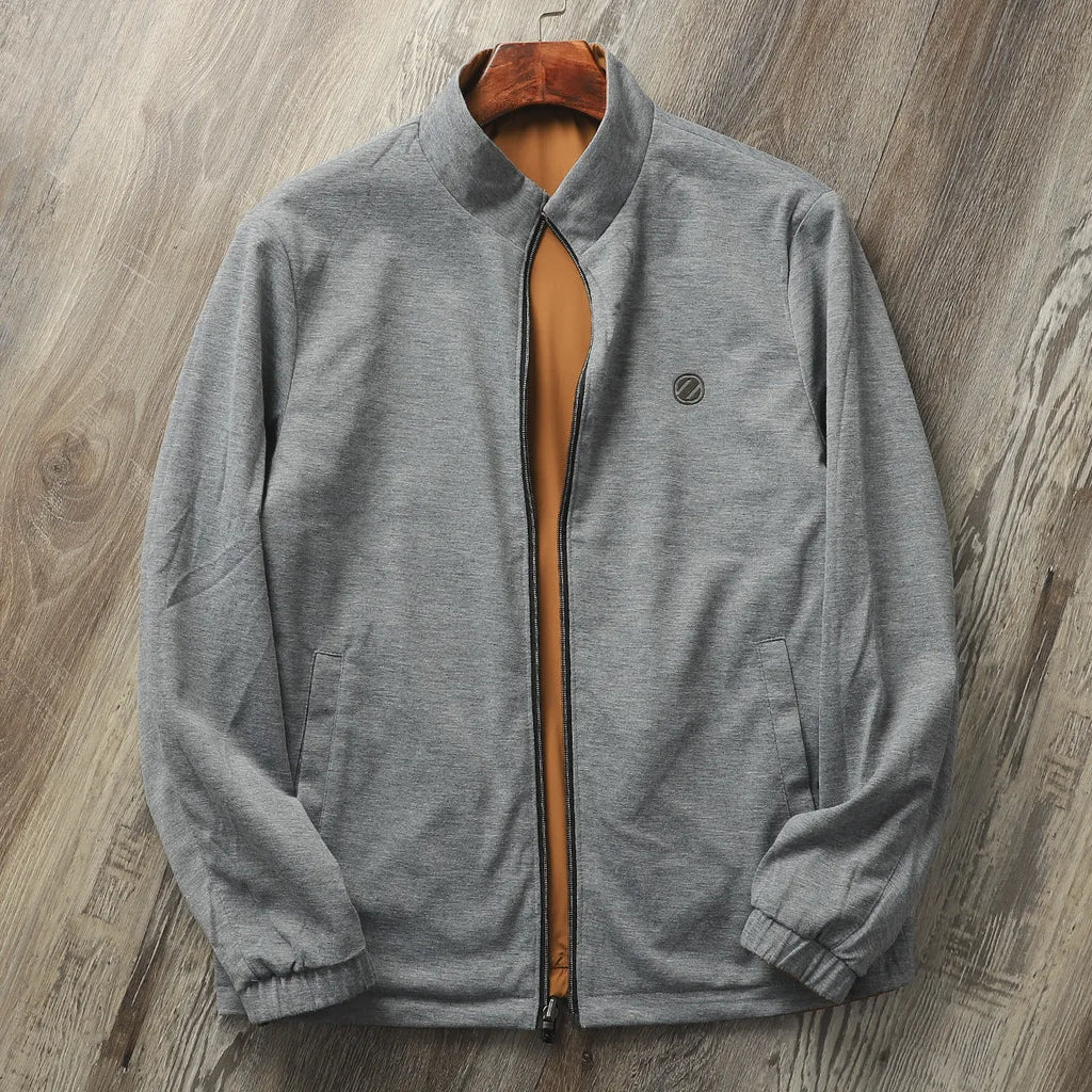Men's simple stand collar jacket in a polyester-cotton blend, shown in one of four available colours.