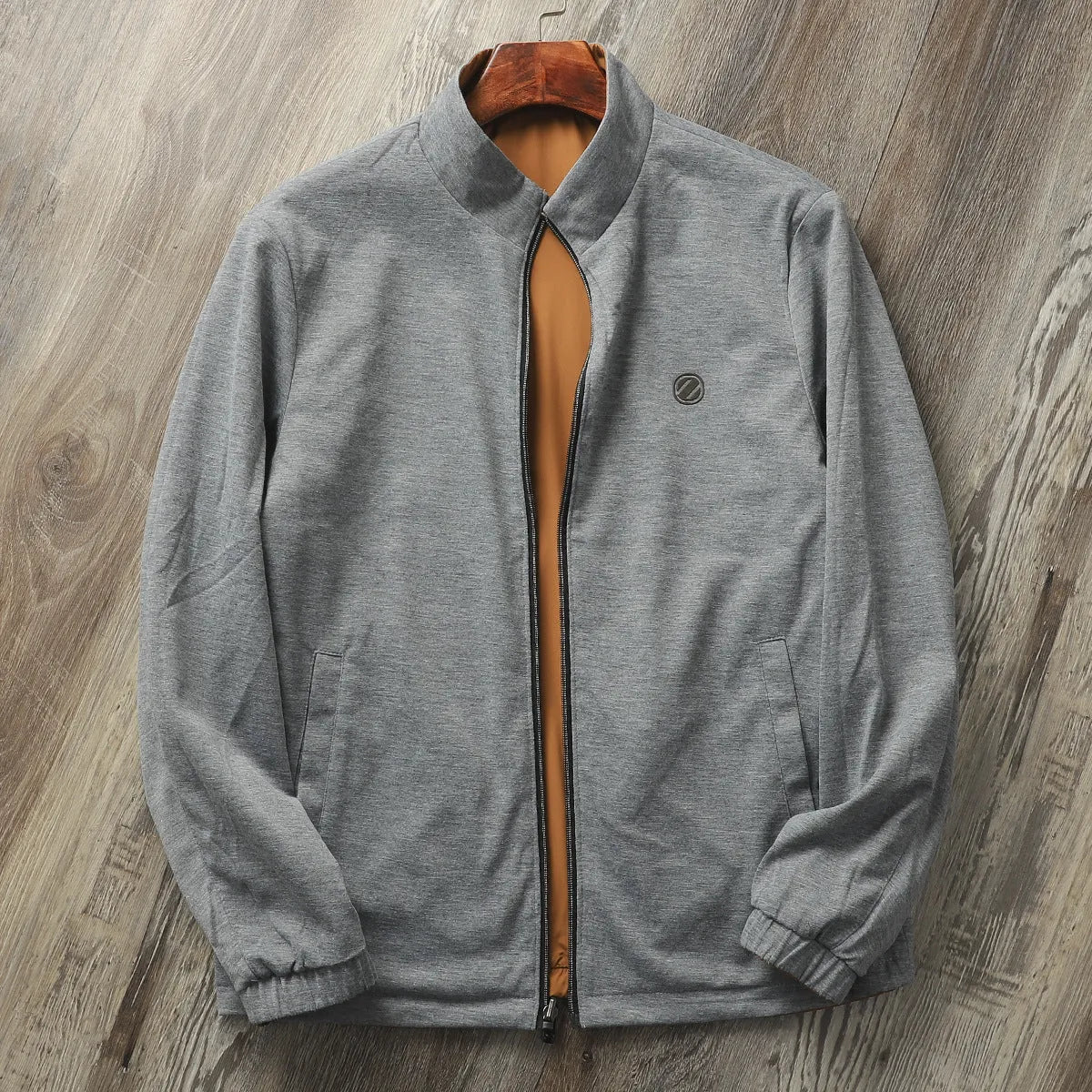 Men's simple stand collar jacket in a polyester-cotton blend, shown in one of four available colours.