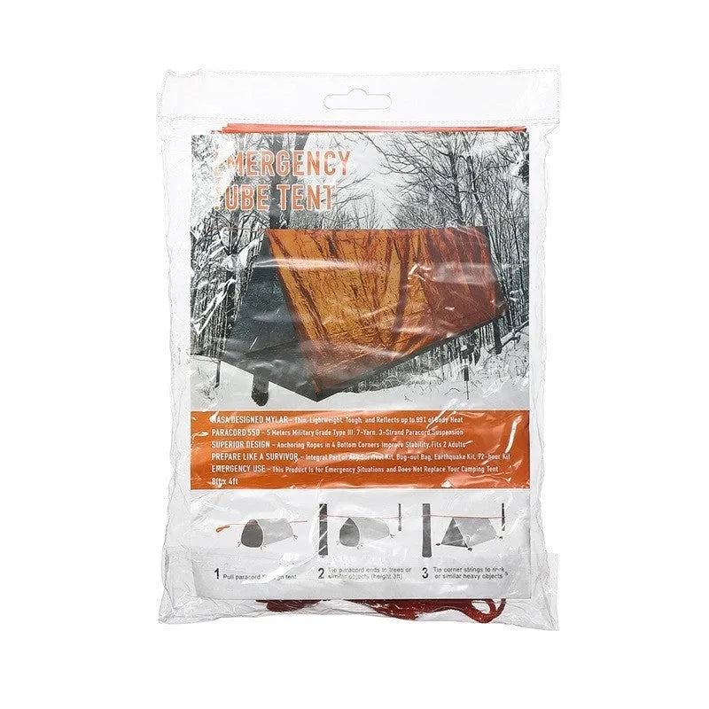 Orange portable disaster relief roof tent with emergency blanket, dimensions 240cm by 150cm