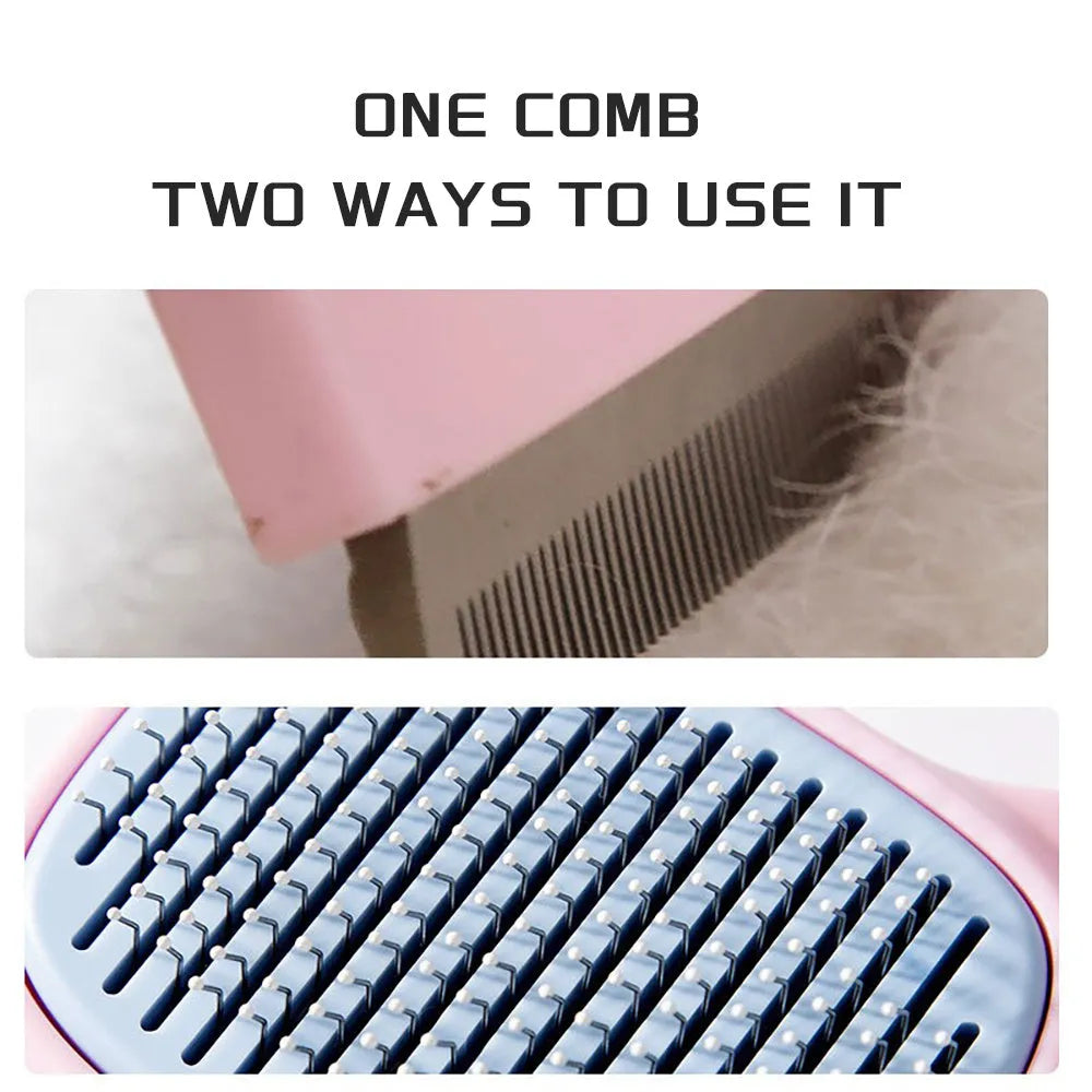 Blue and green double-sided pet grooming brush showing deshedding rake and dematting comb