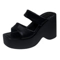 Women's black wedge platform slippers with a square toe and PU upper material.