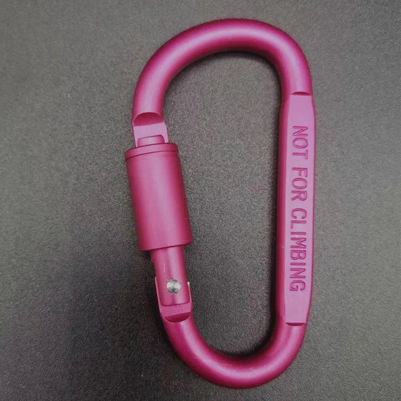 Aluminium D-type screw-lock carabiner in red, showing its 8cm size and flat-sided shape.