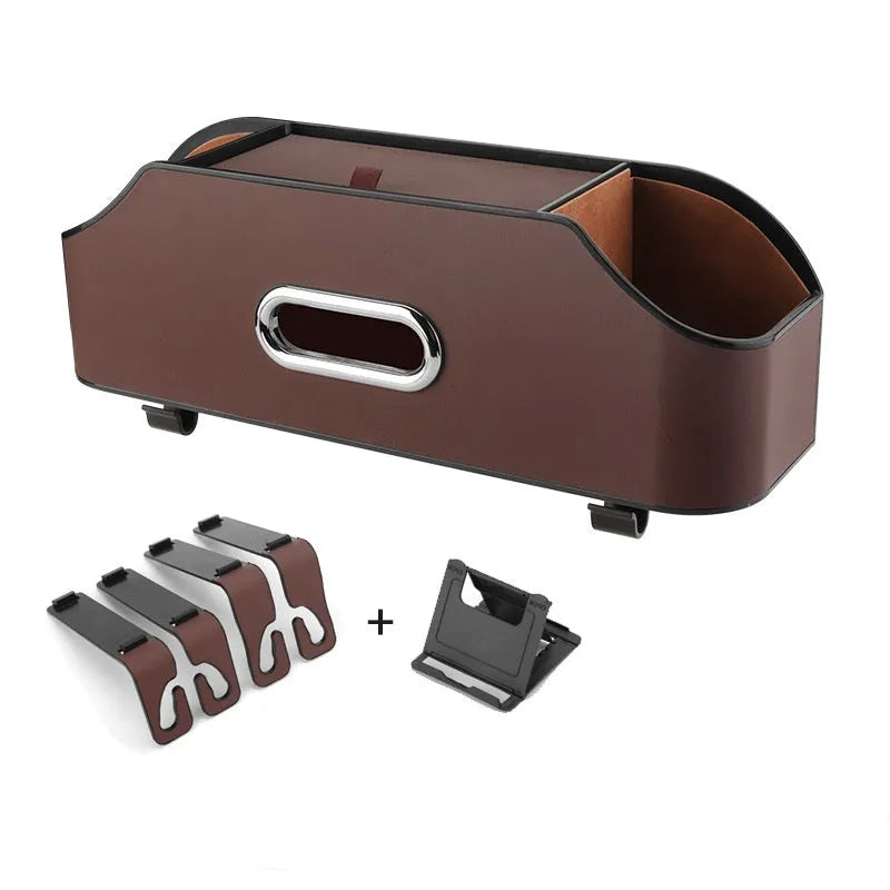 Genuine leather car and buggy storage bag for tissues and a cup, shown in beige colour.
