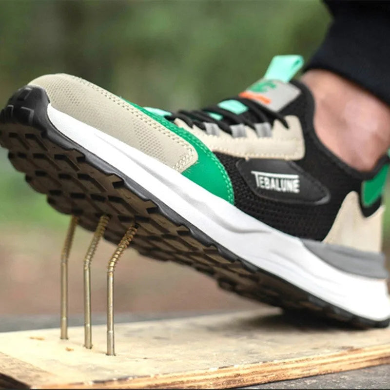 Black and green low-top safety shoes with a mesh panel and plastic steel toe cap on a TPU sole.