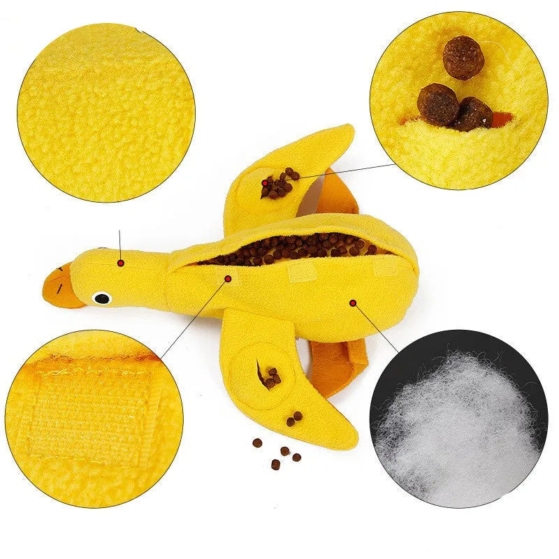 Yellow teddy duck dog toy with squeaker and treat compartment for training and dental care