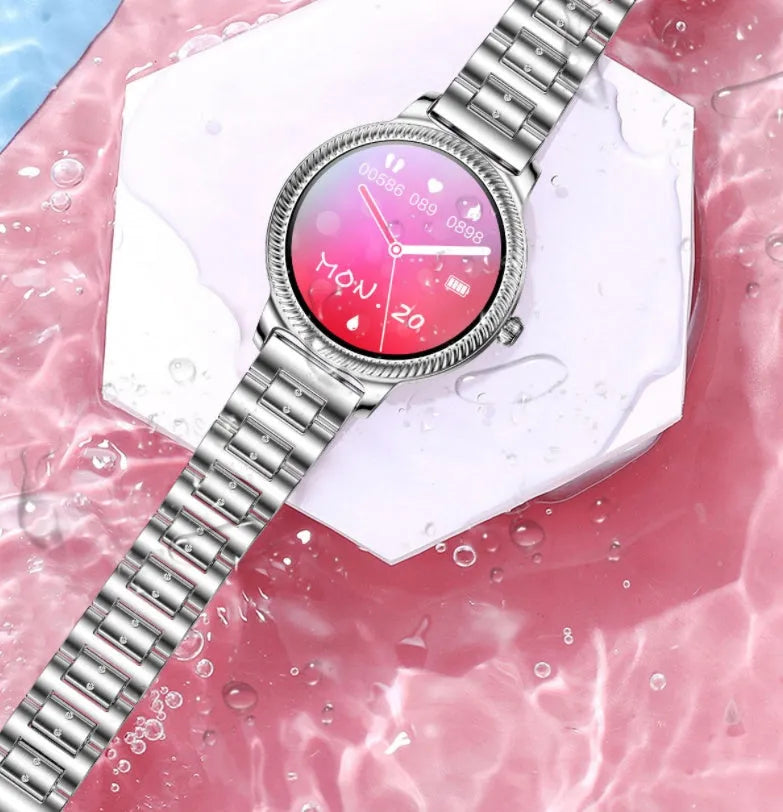 AK38 ladies smartwatch with stainless steel band and 1.09 inch colour screen.