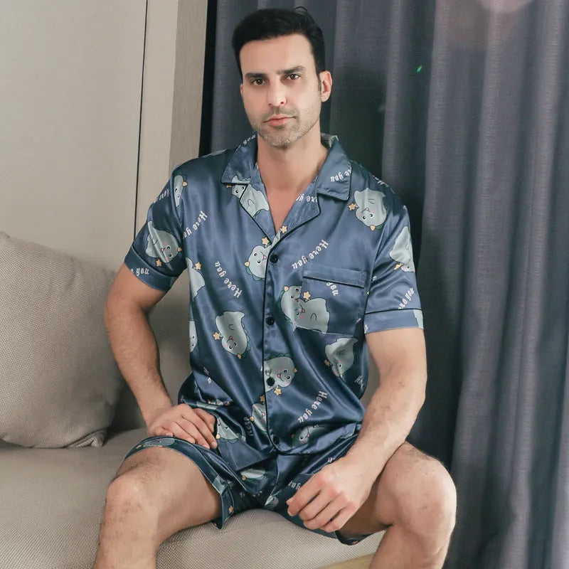 Men's ice silk short sleeve pyjamas set cardigan style in picture colour