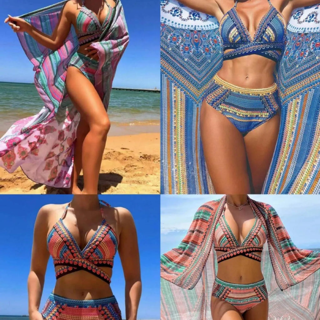 Women's blue cross bandage style high waist bikini swimsuit three-piece set on a mannequin.
