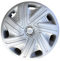 Universal monochrome ABS plastic wheel hub cover in silver, black, and electroplated finishes for 13 to 16 inch wheels.