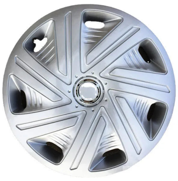Universal monochrome ABS plastic wheel hub cover in silver, black, and electroplated finishes for 13 to 16 inch wheels.